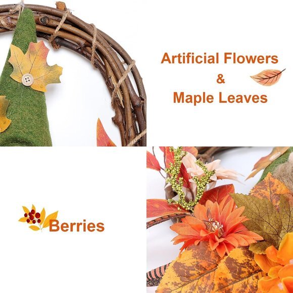 Fall Wreath with Plush Gnome, 15 Inch Artificial Grapevine Wreath with Flowers - Picture 3 of 7